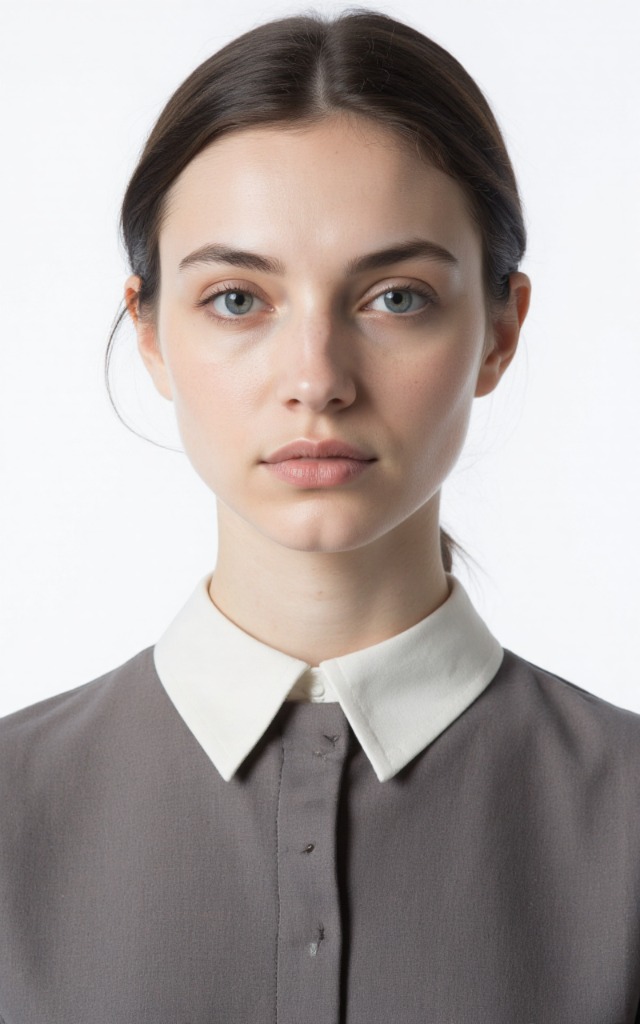 A French female model wearing a dress with a Pointed collar, white background, front   facing bust portrait